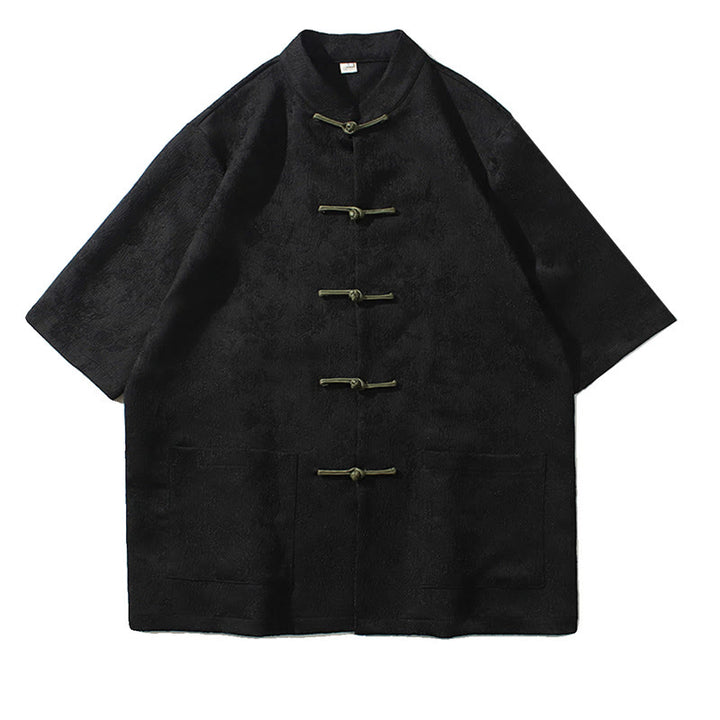 T-shirt à manches courtes et boutons de grenouille en jacquard de couleur unie Buddha Stones pour hommes