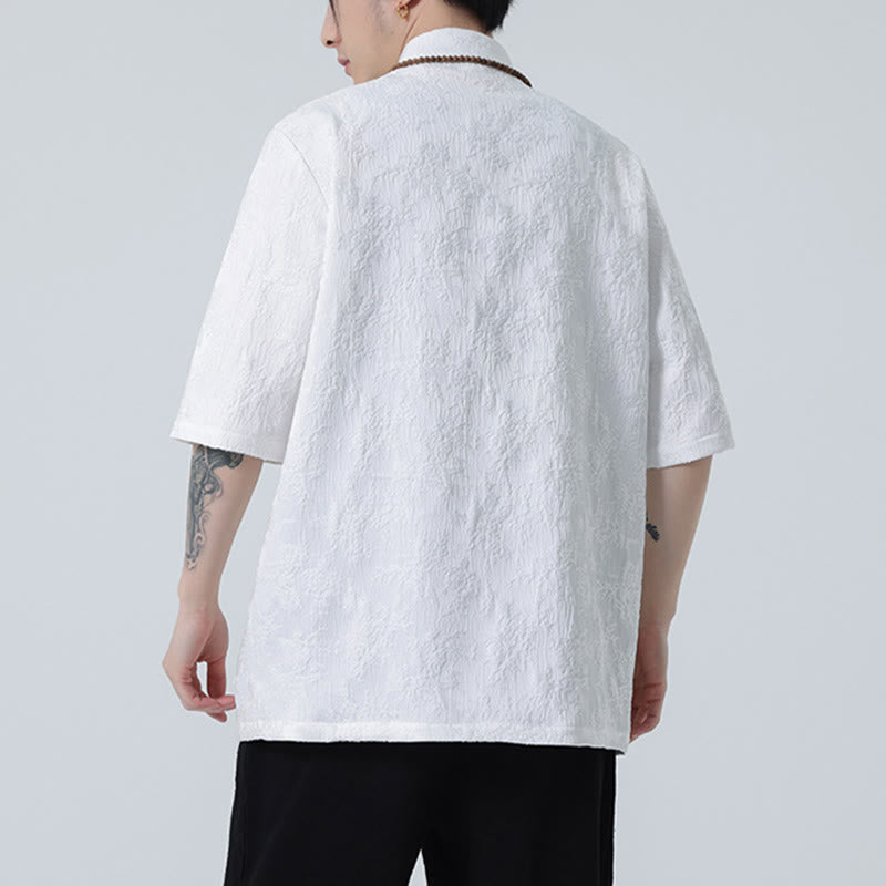 T-shirt à manches courtes et boutons de grenouille en jacquard de couleur unie Buddha Stones pour hommes