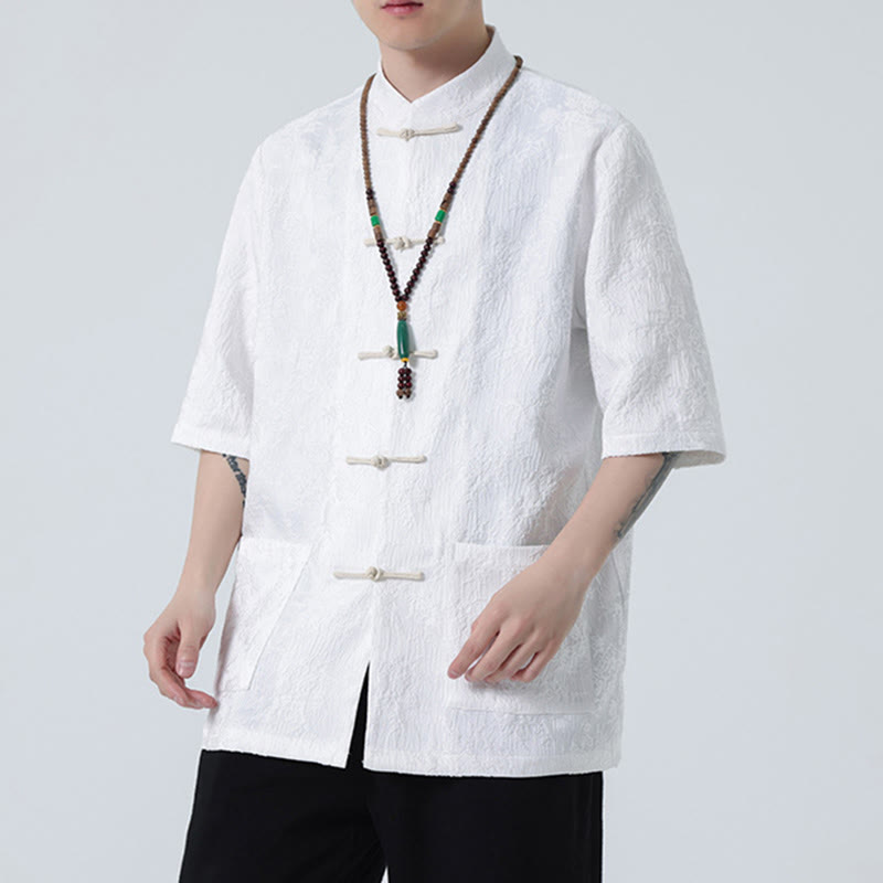 T-shirt à manches courtes et boutons de grenouille en jacquard de couleur unie Buddha Stones pour hommes