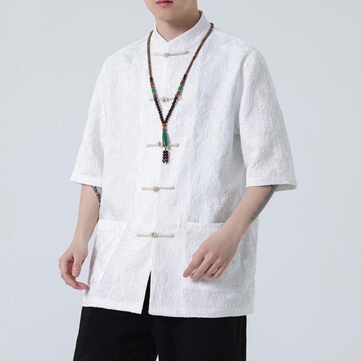 T-shirt à manches courtes et boutons de grenouille en jacquard de couleur unie Buddha Stones pour hommes