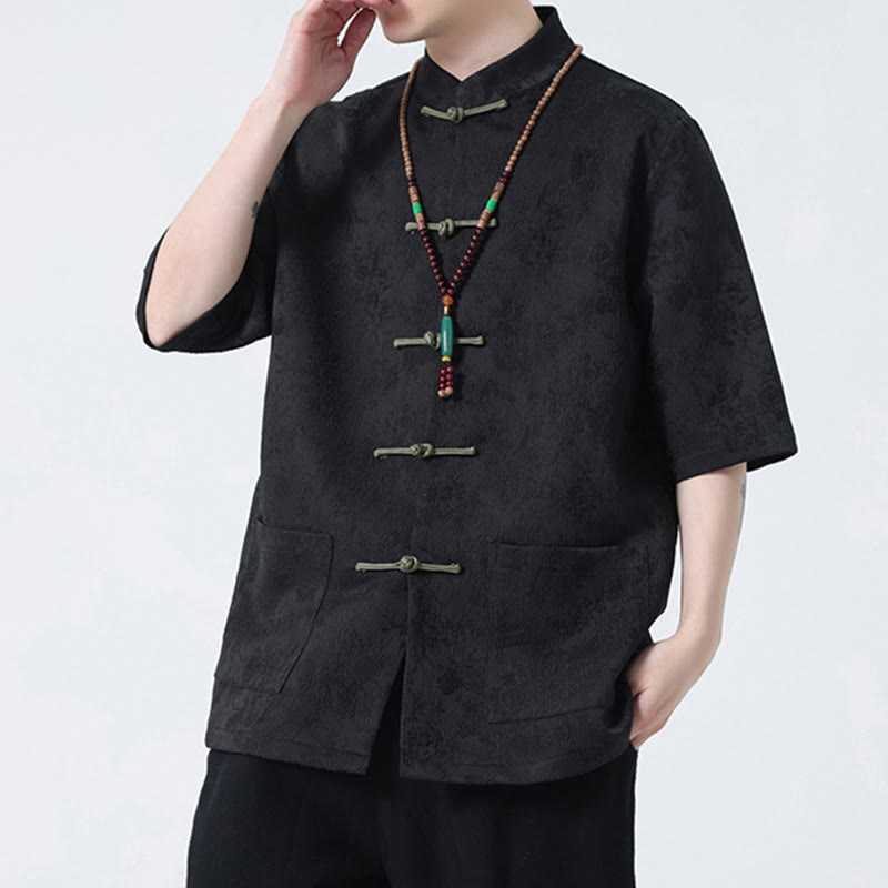 T-shirt à manches courtes et boutons de grenouille en jacquard de couleur unie Buddha Stones pour hommes