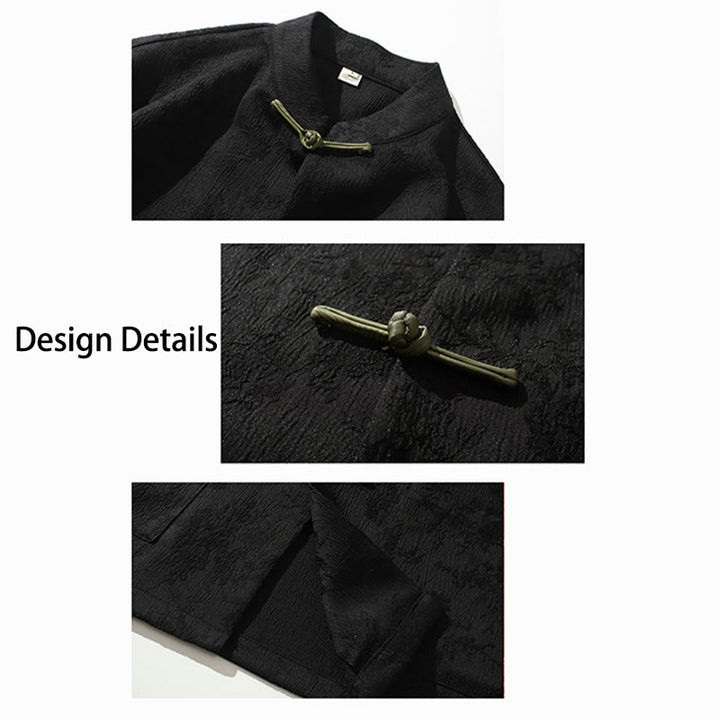 T-shirt à manches courtes et boutons de grenouille en jacquard de couleur unie Buddha Stones pour hommes