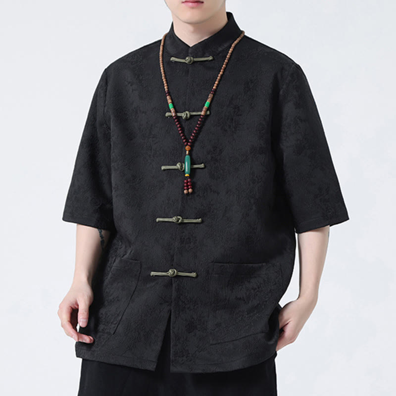 T-shirt à manches courtes et boutons de grenouille en jacquard de couleur unie Buddha Stones pour hommes