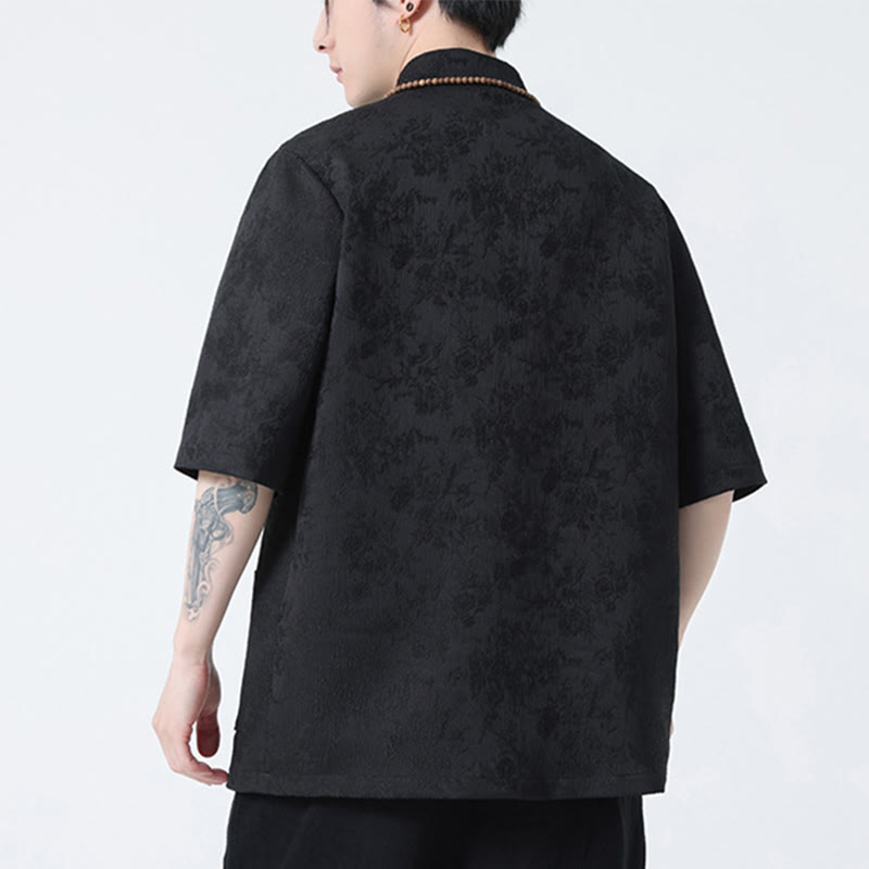 T-shirt à manches courtes et boutons de grenouille en jacquard de couleur unie Buddha Stones pour hommes