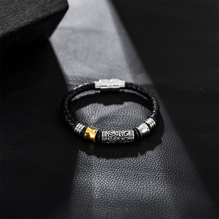 Bracelet en cuir avec boucle en acier inoxydable et motif floral de la dynastie Tang Buddha Stones