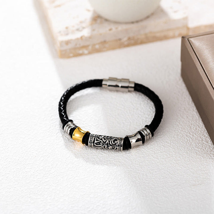 Bracelet en cuir avec boucle en acier inoxydable et motif floral de la dynastie Tang Buddha Stones