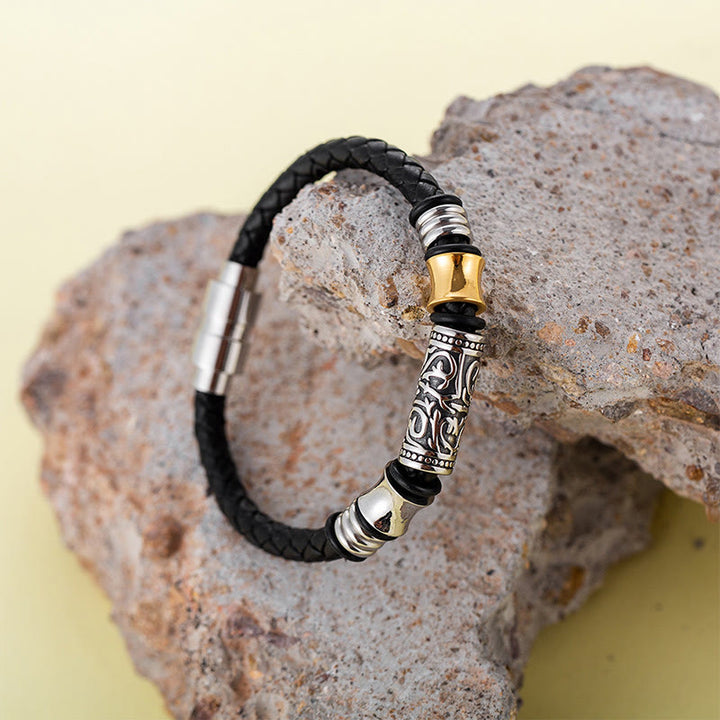 Bracelet en cuir avec boucle en acier inoxydable et motif floral de la dynastie Tang Buddha Stones