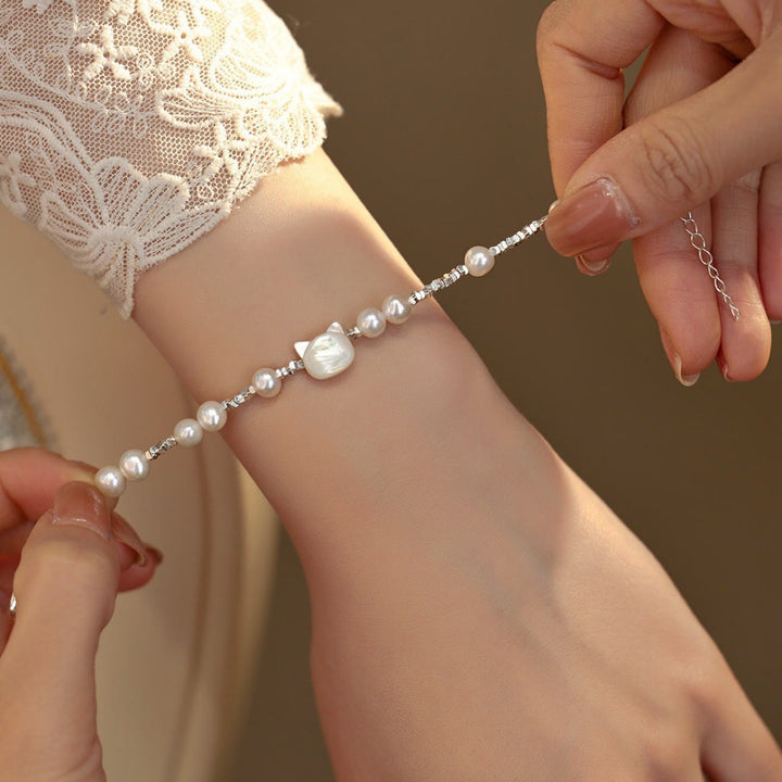 Bracelet de guérison en argent avec chaîne en pierre Tridacna et tête de chat en Buddha Stones - image 4