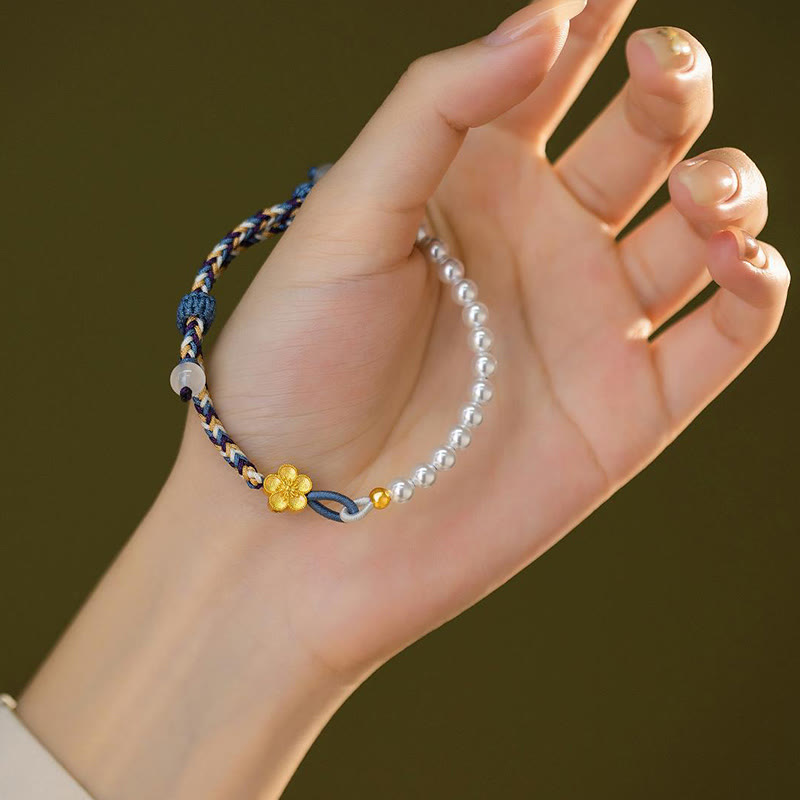 Bracelet de guérison en argent sterling 925 avec perles de fleur de pêcher et calcédoine de Buddha Stones