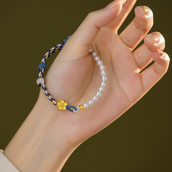 Bracelet de guérison en argent sterling 925 avec perles de fleur de pêcher et calcédoine de Buddha Stones