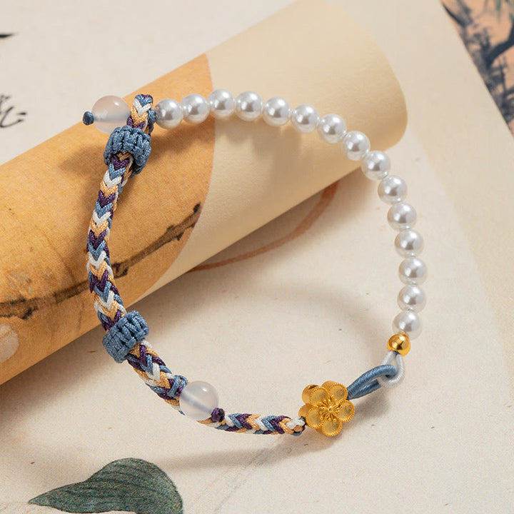 Bracelet de guérison en argent sterling 925 avec perles de fleur de pêcher et calcédoine de Buddha Stones