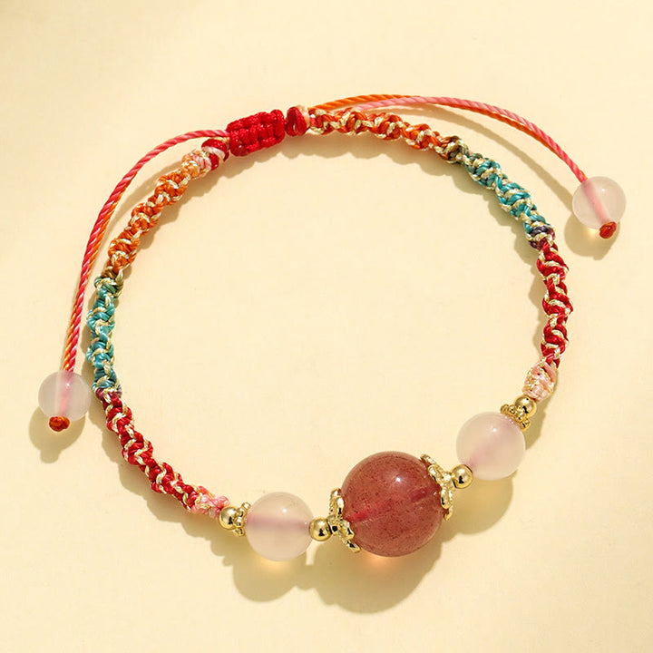 Bracelet de guérison en corde avec perles d'agate blanche et de préhnite en cristal rose et quartz fraise de Buddha Stones