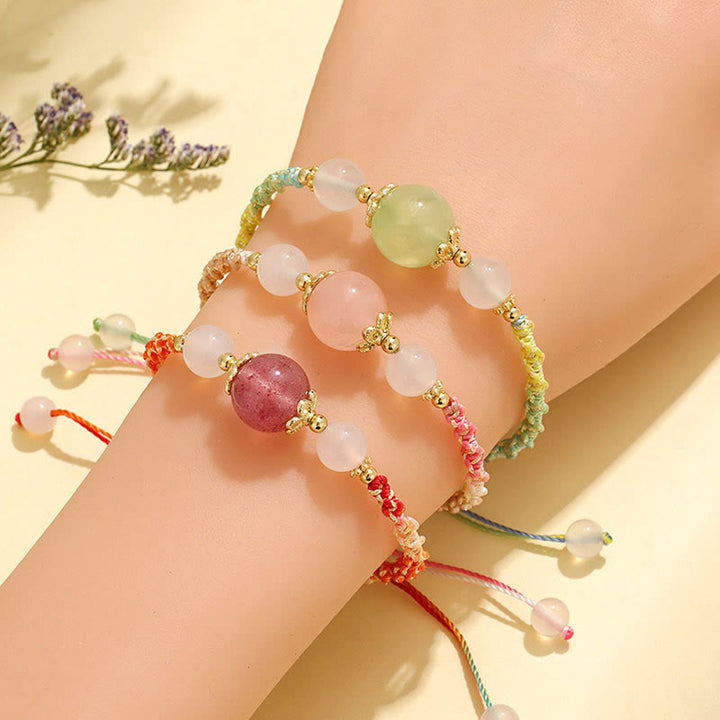 Bracelet de guérison en corde avec perles d'agate blanche et de préhnite en cristal rose et quartz fraise de Buddha Stones