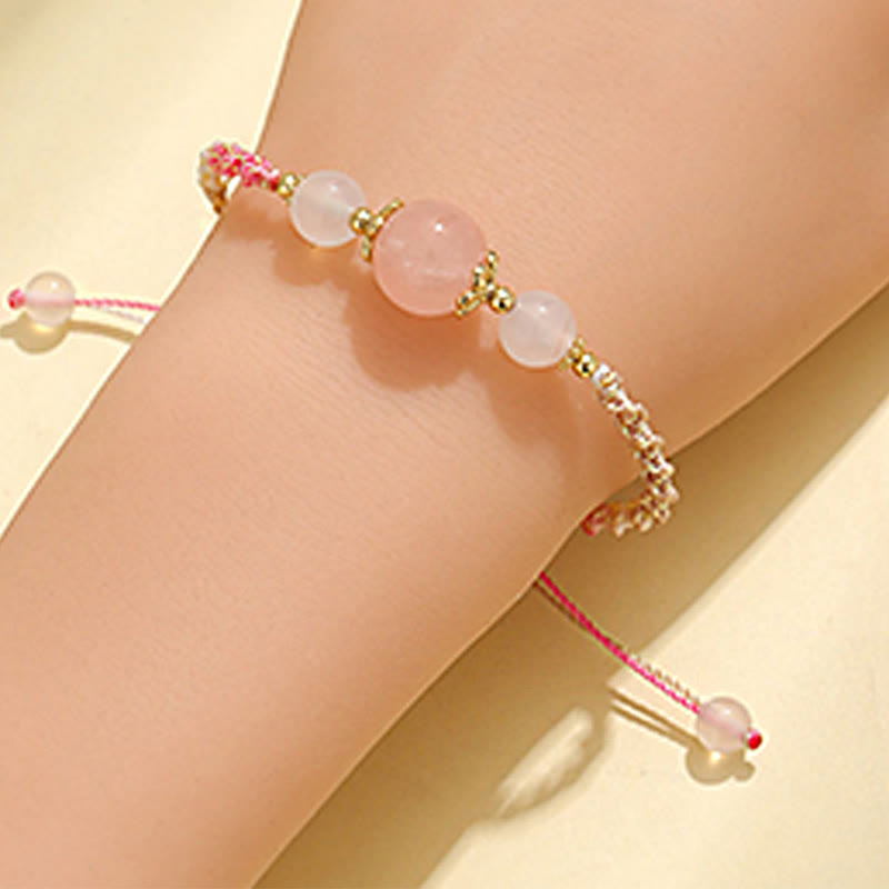 Bracelet de guérison en corde avec perles d'agate blanche et de préhnite en cristal rose et quartz fraise de Buddha Stones