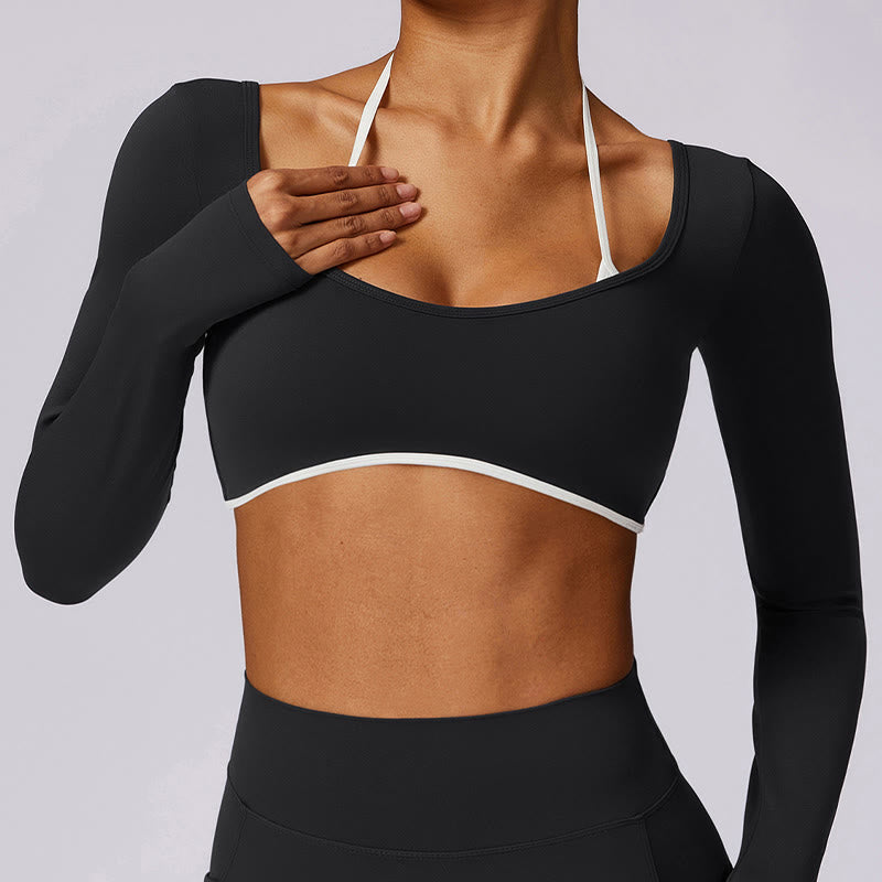 Soutien-gorge à col licou de couleur unie Buddha Stones, débardeur court à manches longues, pantalon de sport, fitness, gym, yoga