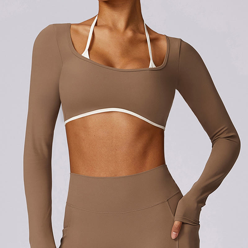 Soutien-gorge à col licou de couleur unie Buddha Stones, débardeur court à manches longues, pantalon de sport, fitness, gym, yoga