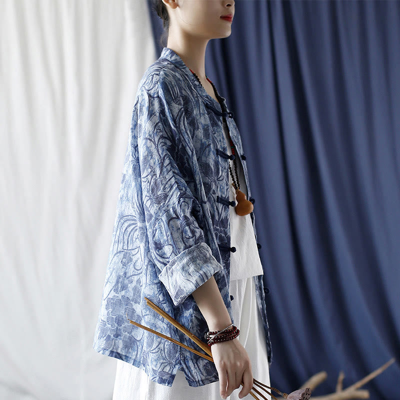 Chemise à manches longues en lin ramie avec boutons en grenouille et motif de fleurs bleues et blanches rétro Buddha Stones - image 2