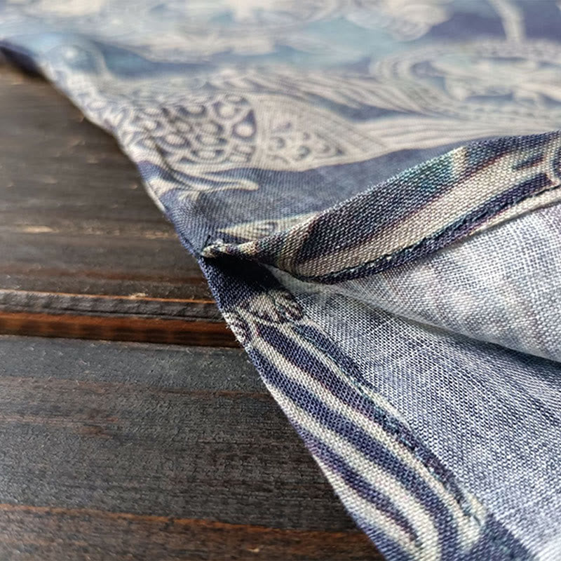 Chemise à manches longues en lin ramie avec boutons de Buddha Stones et fleurs géométriques