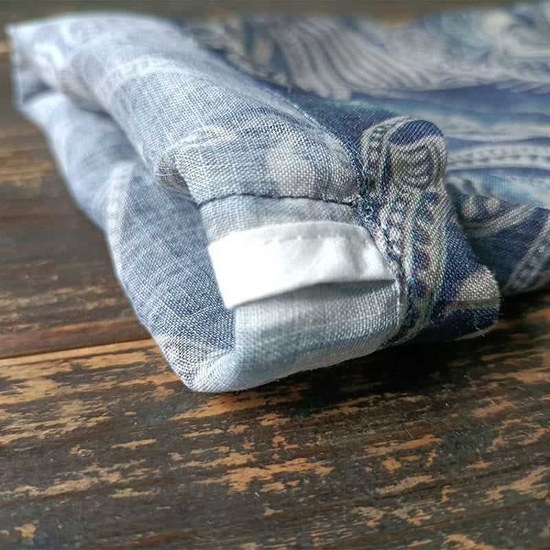 Chemise à manches longues en lin ramie avec boutons de Buddha Stones et fleurs géométriques