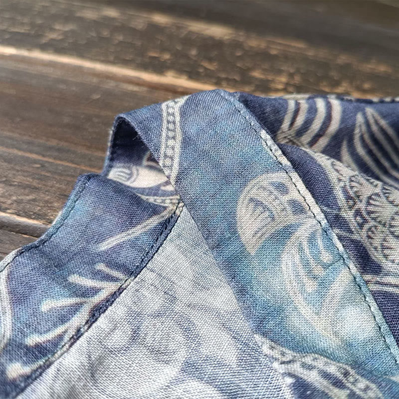 Chemise à manches longues en lin ramie avec boutons de Buddha Stones et fleurs géométriques