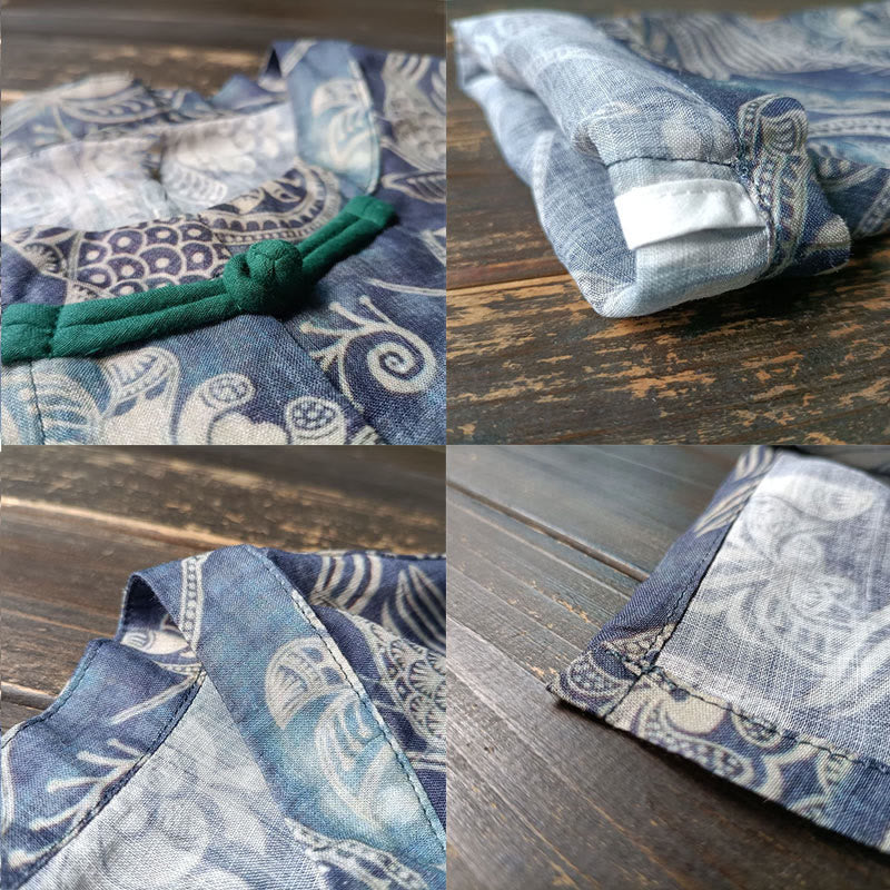 Chemise à manches longues en lin ramie avec boutons de Buddha Stones et fleurs géométriques