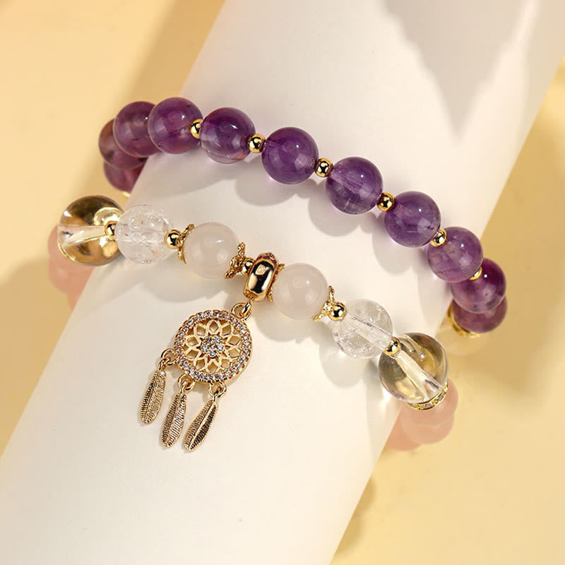Bracelet de guérison attrape-rêves en cristal d'améthyste et de quartz vert fraise de Buddha Stones