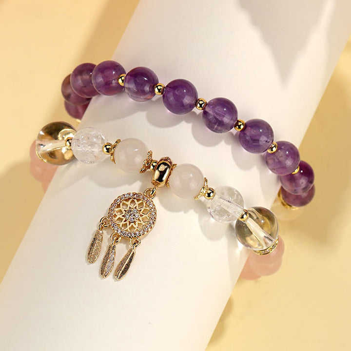 Bracelet de guérison attrape-rêves en cristal d'améthyste et de quartz vert fraise de Buddha Stones