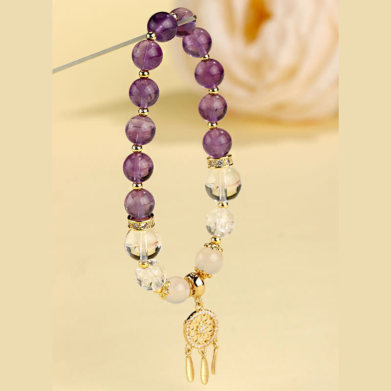 Bracelet de guérison attrape-rêves en cristal d'améthyste et de quartz vert fraise de Buddha Stones