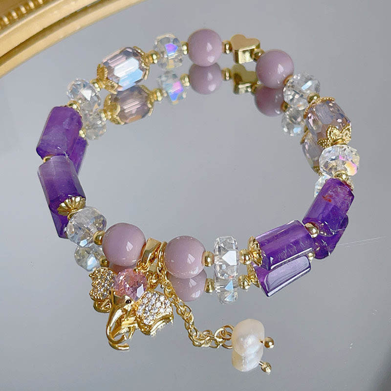 Bracelet à breloques éléphant positif en quartz fraise et améthyste verte et aventurine de Buddha Stones