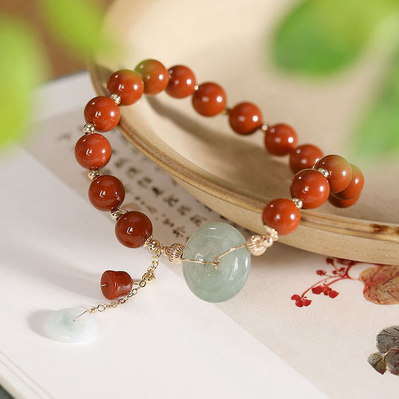 Bracelet de confiance en forme de gourde en cuivre avec boucle de paix en jade et agate rouge rempli d'or 14 carats de Buddha Stones