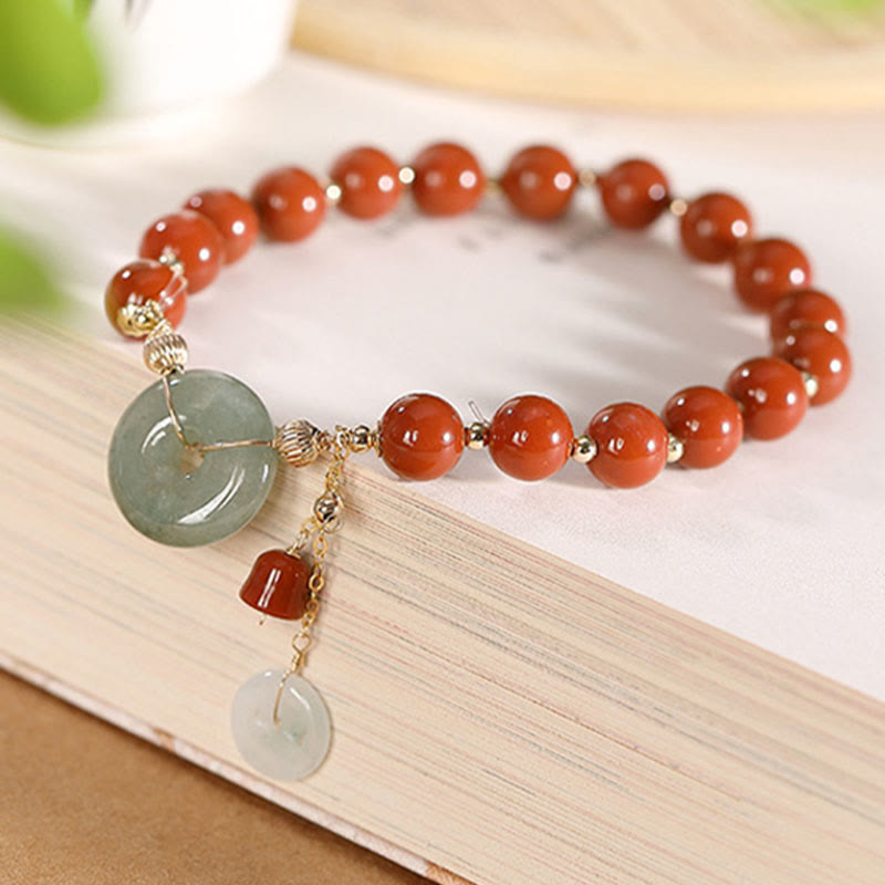 Bracelet de confiance en forme de gourde en cuivre avec boucle de paix en jade et agate rouge rempli d'or 14 carats de Buddha Stones