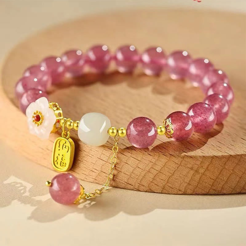 Bracelet de guérison en cristal rose avec personnage Fu et quartz fraise Buddha Stones