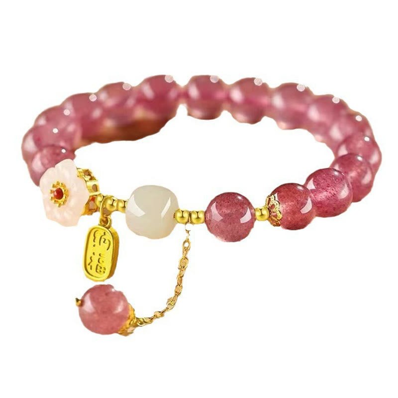 Bracelet de guérison en cristal rose avec personnage Fu et quartz fraise Buddha Stones