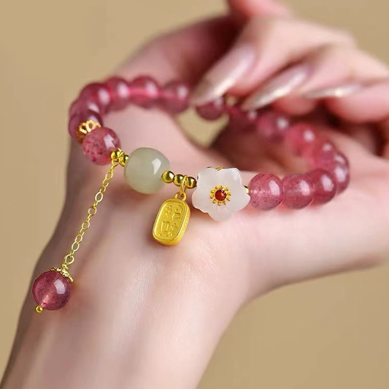 Bracelet de guérison en cristal rose avec personnage Fu et quartz fraise Buddha Stones