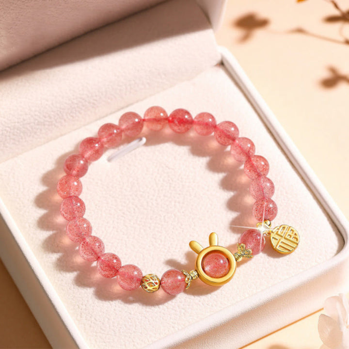 Bracelet de guérison en cristal rose avec personnage Fu et quartz fraise Buddha Stones