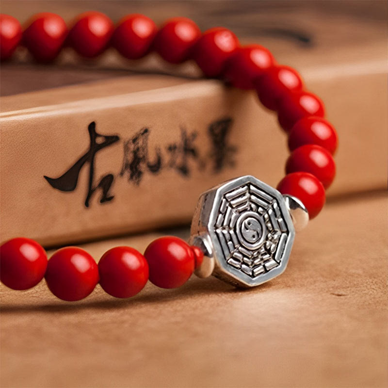 Bracelet de concentration en argent sterling 925 avec symbole Yin Yang Bagua et fil de cinabre de Buddha Stones