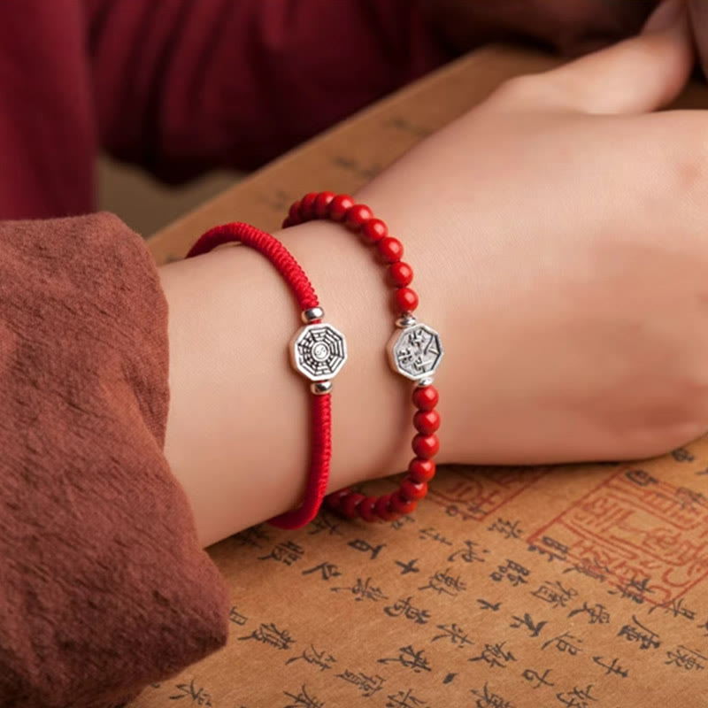 Bracelet de concentration en argent sterling 925 avec symbole Yin Yang Bagua et fil de cinabre de Buddha Stones
