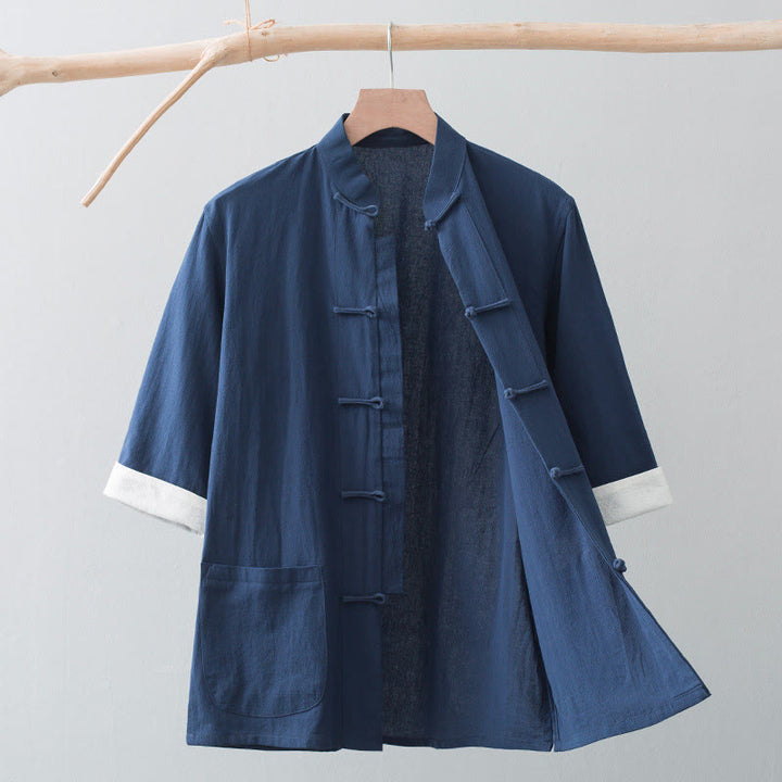 Chemise à manches courtes en coton pour homme avec poches et boutons en forme de grenouille et Buddha Stones - Bleu marine - US/UK/AU44,EU54 (4XL) - image 16