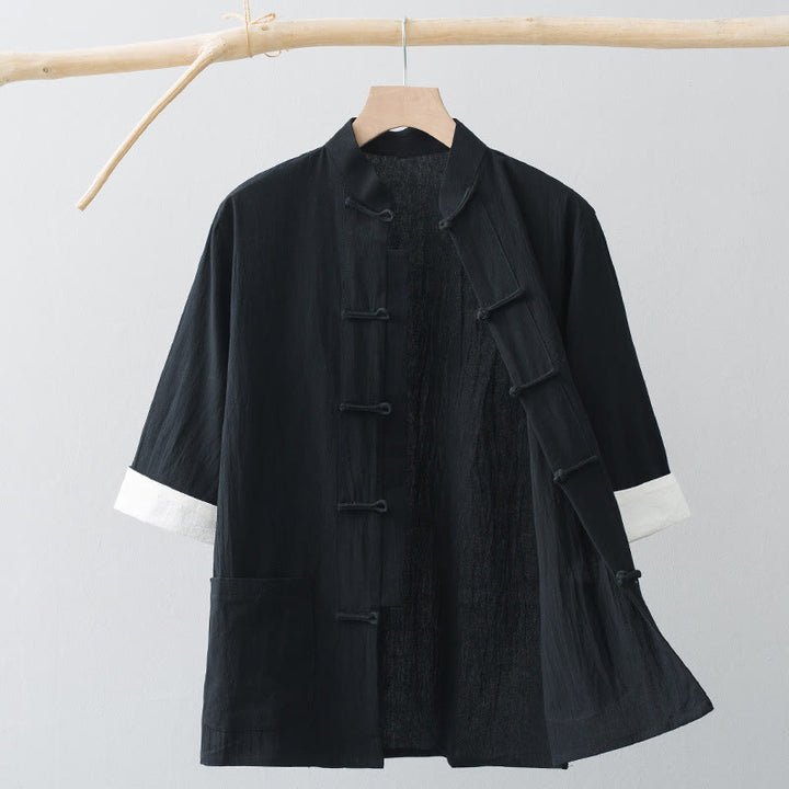 Chemise à manches courtes en coton pour homme avec poches et boutons en forme de grenouille et Buddha Stones - Noir - US/UK/AU44,EU54 (4XL) - image 13