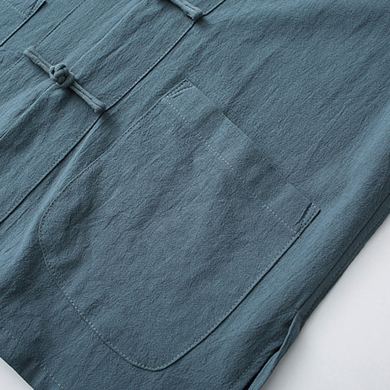 Chemise à manches courtes en coton pour homme avec poches et boutons en forme de grenouille et Buddha Stones - image 7