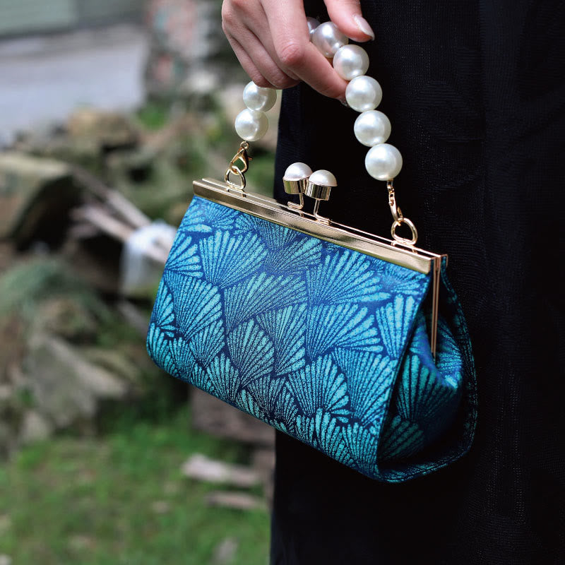 Sac à main vintage en métal nacré avec motif de feuilles bleu paon Buddha Stones