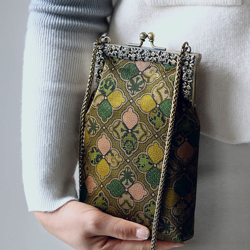 Sac à main Buddha Stones Green Leaves Sac à bandoulière en chaîne métallique Sac à bandoulière Sac pour téléphone portable