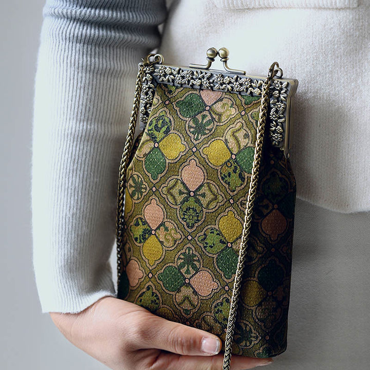 Sac à main Buddha Stones Green Leaves Sac à bandoulière en chaîne métallique Sac à bandoulière Sac pour téléphone portable