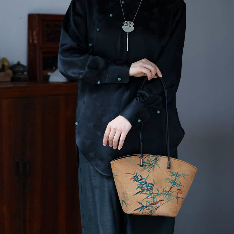 Sac à main vintage en bambou avec Buddha Stones et motif pivoine et papillon, grande capacité