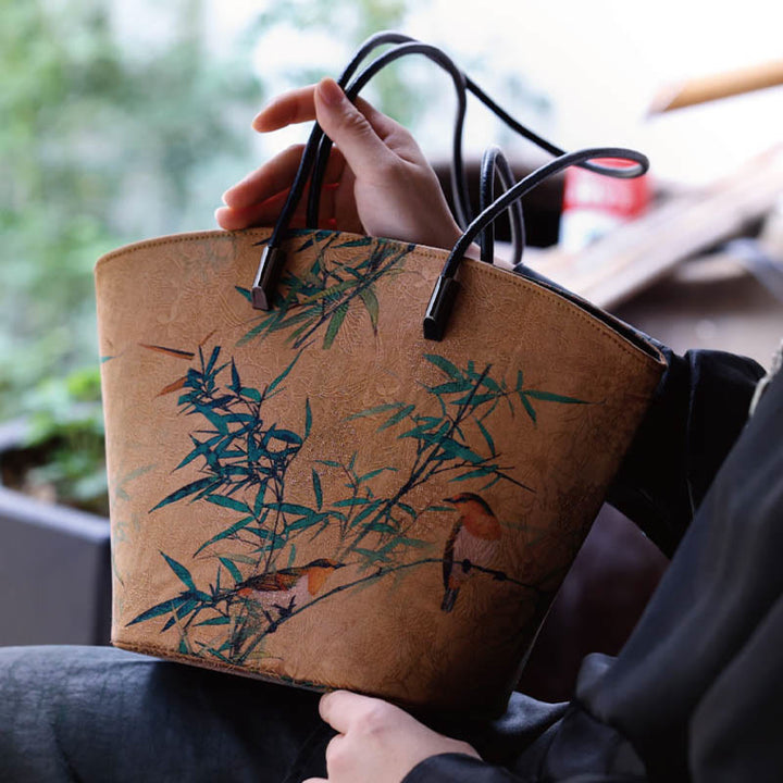 Sac à main vintage en bambou avec Buddha Stones et motif pivoine et papillon, grande capacité