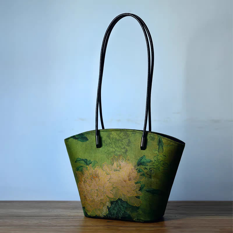 Sac à main vintage en bambou avec Buddha Stones et motif pivoine et papillon, grande capacité