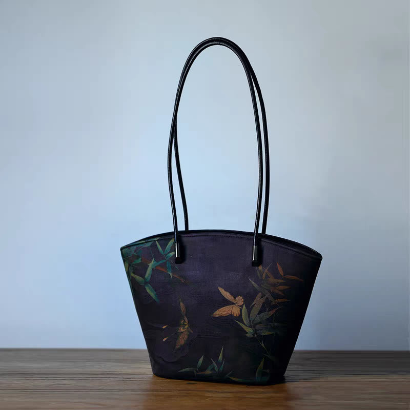 Sac à main vintage en bambou avec Buddha Stones et motif pivoine et papillon, grande capacité