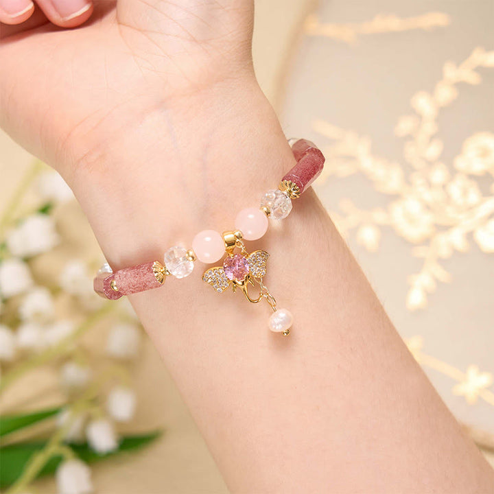 Bracelet à breloques éléphant positif en quartz fraise et améthyste verte et aventurine de Buddha Stones