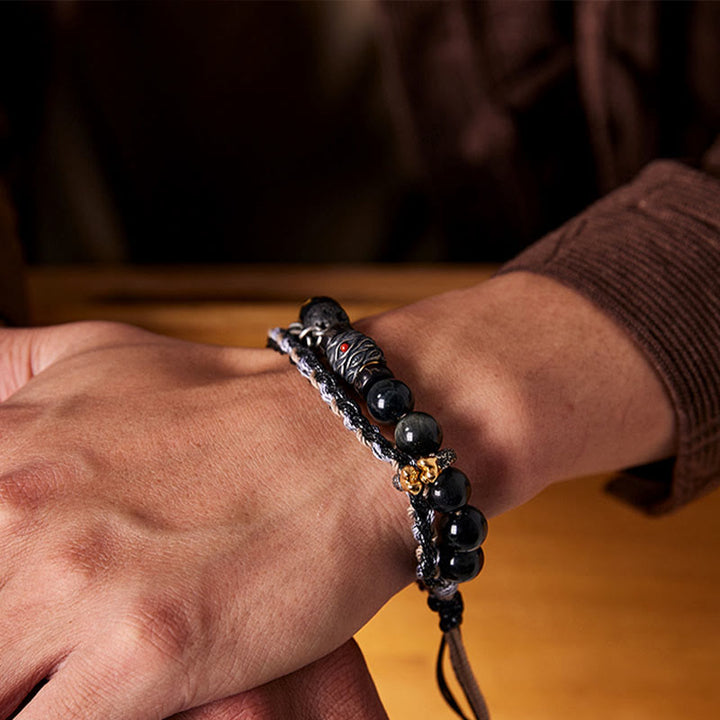 Bracelet de guérison fait main en argent sterling 925 avec Buddha Stones de lave et œil d'aigle