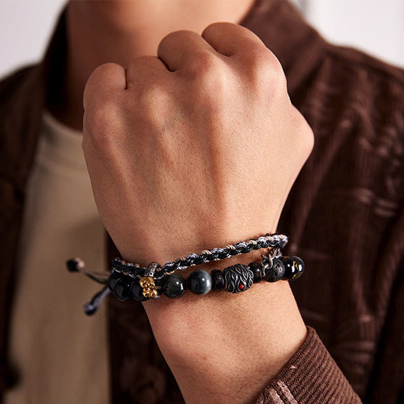 Bracelet de guérison fait main en argent sterling 925 avec Buddha Stones de lave et œil d'aigle